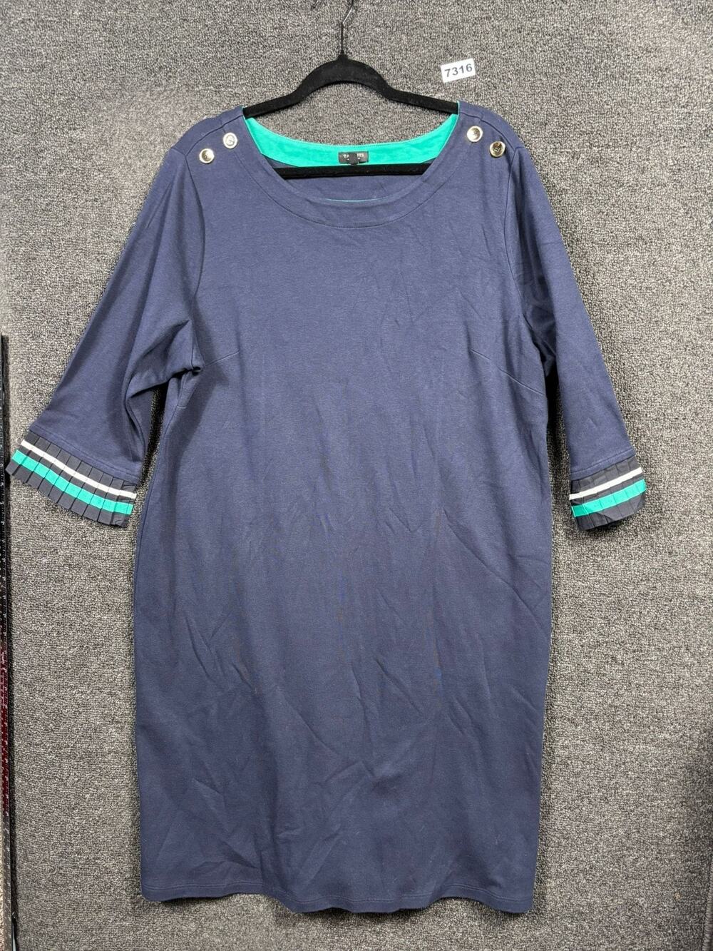 Talbots Shift Dress Womens Size 2XP Navy Pleated Green Stripe Cuffs Elbow Sleeve
